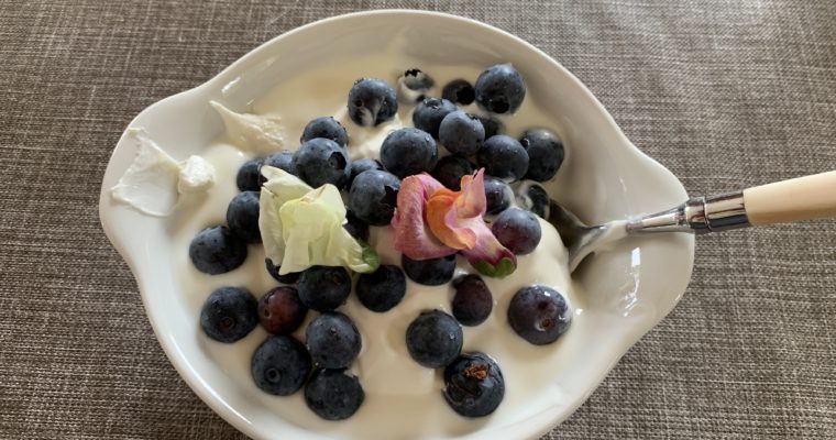 zelfgemaakte yoghurt met bosbessen en eetbare bloemen